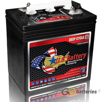 US1800 XC2 Deep Cycle Battery, 6 volt 208 amp. Black case with a white removable cap cover and eyelets for a carrying (not included). Threaded terminals are diagonal to each other.