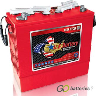 US185HC Deep Cycle Battery, 12 volt 220 amp. Red case with white removal caps carrying handles, terminals are bolt through with the positive terminal on the right hand side with the terminals closest to you.