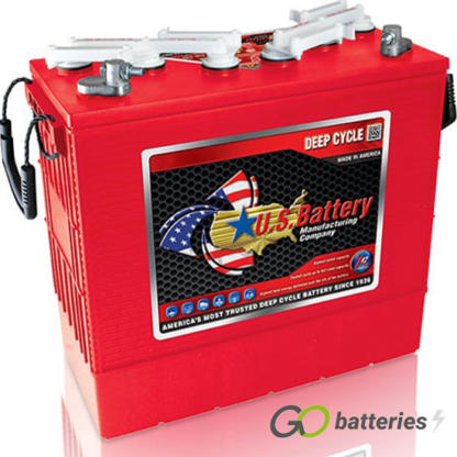 US185 Deep Cycle Battery, 12 volt 200 amp. Red case with white removal caps carrying handles, terminals are bolt through with the positive terminal on the right hand side with the terminals closest to you.