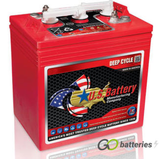 US2200DT XC2 Deep Cycle Battery, 6 volt 232 amp. Red case with a white removable cap cover and eyelets for a carrying (not included). Threaded terminals are diagonal to each other.