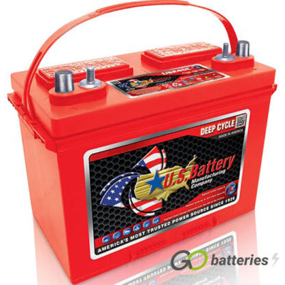 US24DCXC Deep Cycle Battery, 12 volt 85 amp. Red case with a carrying handle and dual terminals with the positive terminal on the left hand side with the terminals closest to you.