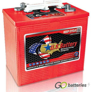 US250HC XC2 Deep Cycle Battery, 6 volt 283 amp. Red case with a white removable cap cover and eyelets for a carrying (not included). Threaded terminals are diagonal to each other.