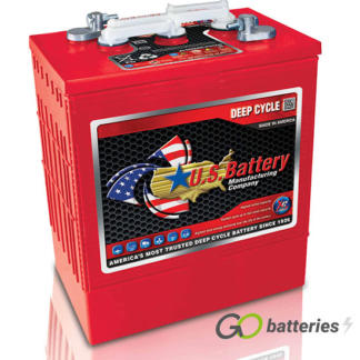 US305 XC2 Deep Cycle Battery, 6 volt 310 amp. Red case with a white removable cap cover and threaded terminals are diagonal to each other.