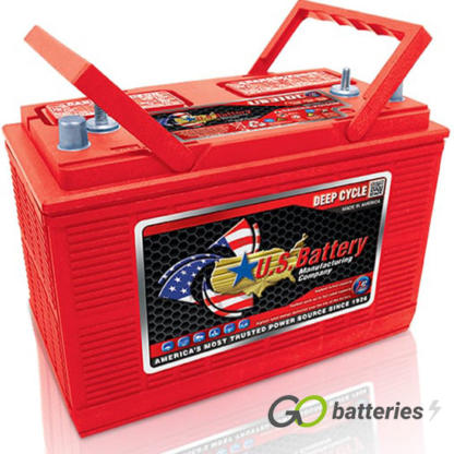 US31DCXC Deep Cycle Battery, 12 volt 130 amp. Red case with a carrying handle and dual terminals with the positive terminal on the left hand side with the terminals closest to you.