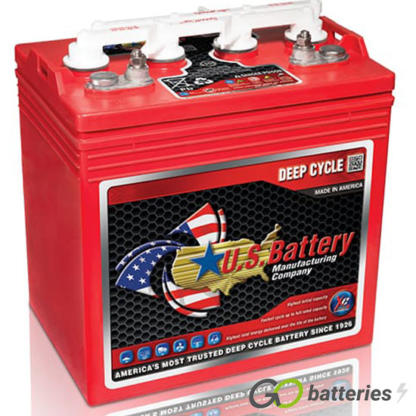 US8VGCHC XC2 Deep Cycle Battery, 8 volt 183 amp. Red case with a white removable cap cover and eyelets for a carrying (not included). Threaded terminals are diagonal to each other.