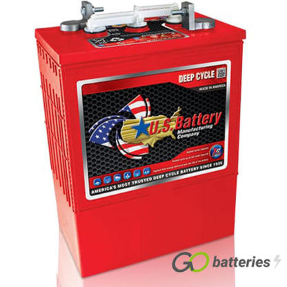 USL16 XC2 Deep Cycle Battery, 6 volt 380 amp. Red case with a white removable cap cover and threaded terminals are diagonal to each other.