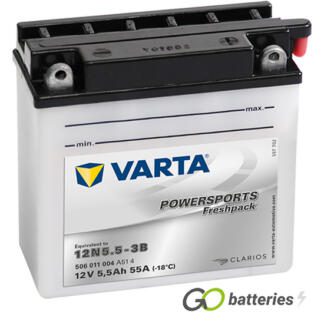 Varta 12N5.5-3B Freshpack Motorcycle Battery (506011004). 12 volt 5.5 amps, 55 cold cranking amps, opaque case with black top, the terminals are bolt through and have a nut and bolt, the positive terminal is on the right hand side with the terminals closest to you. The breather is also on the right hand side.