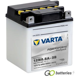Varta 12N5.5A-3B Freshpack Motorcycle Battery (506012004). 12 volt 5.5 amps, 58 cold cranking amps, opaque case with black top, the terminals are bolt through and have a nut and bolt, the positive terminal is on the right hand side with the terminals closest to you. The breather is also on the right hand side.