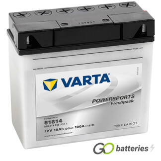 Varta 51814 Freshpack Motorcycle Battery (518014015). 12 volt 18 amps, 100 cold cranking amps, opaque case with black top, the terminals are bolt through and have a nut and bolt, the positive terminal on the right hand side with the terminals closest to you.