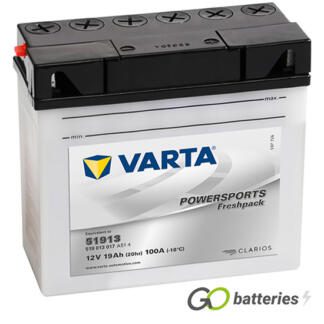 Varta 51913 Freshpack Motorcycle Battery (519013017). 12 volt 19 amps, 100 cold cranking amps, opaque case with black top, the terminals are bolt through and have a nut and bolt, the positive terminal is on the right hand side with the terminals closest to you.