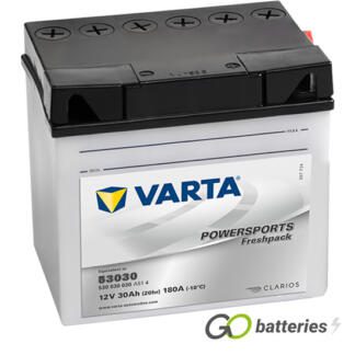 Varta 53030 Freshpack BMW Motorcycle Battery (530030030). 12 volt 30 amps, 300 cold cranking amps, opaque case with black top, the terminals are bolt through and have a nut and bolt, the positive terminal is on the right hand side with the terminals closest to you. The breather is also on the right hand side.