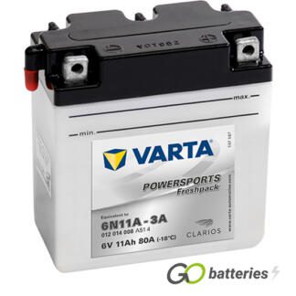 Varta 6N11A-3A Freshpack Motorcycle Battery (011014008). 6 volt 11 amps, 80 cold cranking amps, opaque case with black top, the terminals are bolt through and have a nut and bolt, the positive terminal is on the right hand side with the terminals closest to you. The breather is on the left hand side.