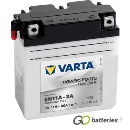 Varta 6N11A-3A Freshpack Motorcycle Battery (011014008). 6 volt 11 amps, 80 cold cranking amps, opaque case with black top, the terminals are bolt through and have a nut and bolt, the positive terminal is on the right hand side with the terminals closest to you. The breather is on the left hand side.