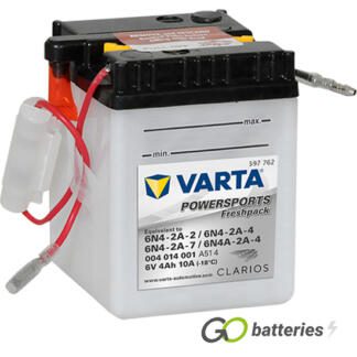 Varta 6N4-2A-4 Freshpack Motorcycle Battery (004014001). 12 volt 4 amps, 10 cold cranking amps, opaque case with black top, the terminals have a wire connection with inline fuse. The breather is on the left hand side.
