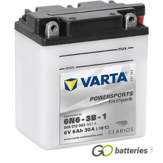 Varta 6N6-3B-1 Freshpack Motorcycle Battery (006012003). 12 volt 6 amps, 30 cold cranking amps, opaque case with black top, the terminals are bolt through and have a nut and bolt, the positive terminal is on the right hand side with the terminals closest to you. The breather is also on the right hand side.