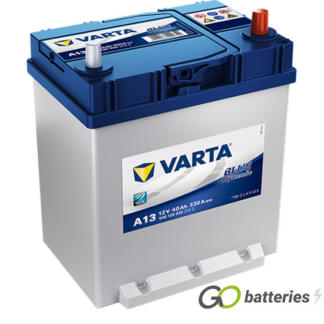 Varta A13 Blue Dynamic Battery 12V 40Ah 330 cold cranking amps, Silver case with a blue top and the positive terminal is on the right hand side with the terminals closest to you. Also has carrying handle. UK 054H