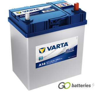 Varta A14 Blue Dynamic Battery 12V 40Ah 330 cold cranking amps, Silver case with a blue top and the positive terminal is on the right hand side with the terminals closest to you. Also has carrying handle. UK 054