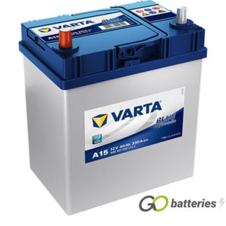 Varta A15 Blue Dynamic Battery 12V 40Ah 330 cold cranking amps, Silver case with a blue top and the positive terminal is on the left hand side with the terminals closest to you. Also has carrying handle. UK 055