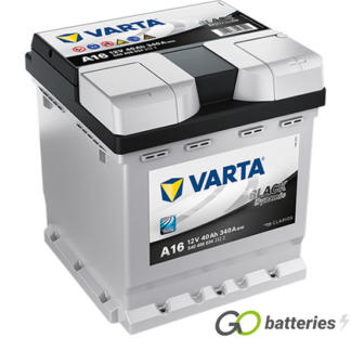 Varta A16 Black Dynamic Battery 12V 40Ah 340 cold cranking amps, Silver case with a black top and the positive terminal is on the right hand side with the terminals closest to you. Also has carrying handle. UK 002L