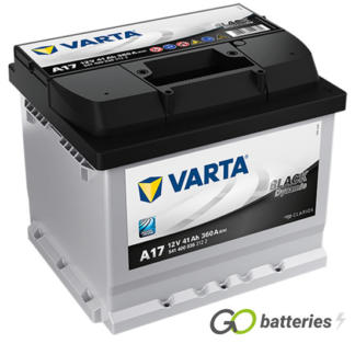 Varta A17 Black Dynamic Battery 12V 41Ah 360 cold cranking amps, Silver case with a black top and the positive terminal is on the right hand side with the terminals closest to you. Also has carrying handle. UK 063