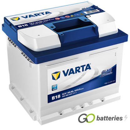 Varta B18 Blue Dynamic Battery 12V 44Ah 440 cold cranking amps, Silver case with a blue top and the positive terminal is on the right hand side with the terminals closest to you. Also has carrying handle. UK 063