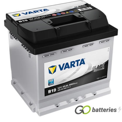 Varta B19 Black Dynamic Battery 12V 45Ah 400 cold cranking amps, Silver case with a black top and the positive terminal is on the right hand side with the terminals closest to you. Also has carrying handle. UK 012