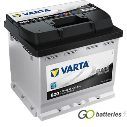 Varta B20 Black Dynamic Battery 12V 45Ah 400 cold cranking amps, Silver case with a black top and the positive terminal is on the right hand side with the terminals closest to you. Also has carrying handle. UK 077
