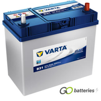 Varta B31 Blue Dynamic Battery 12V 45Ah 330 cold cranking amps, Silver case with a blue top and the positive terminal is on the right hand side with the terminals closest to you. Also has carrying handle. UK 154