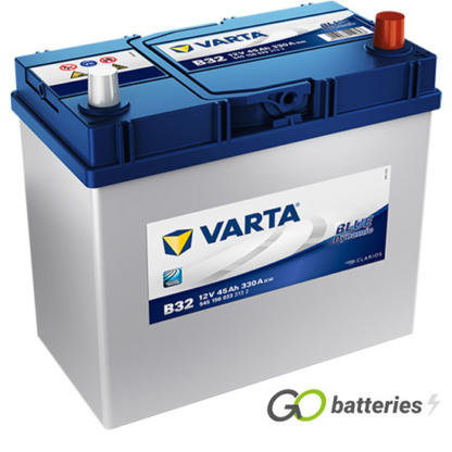Varta B32 Blue Dynamic Battery 12V 45Ah 330 cold cranking amps, Silver case with a blue top and the positive terminal is on the right hand side with the terminals closest to you. Also has carrying handle. UK 053