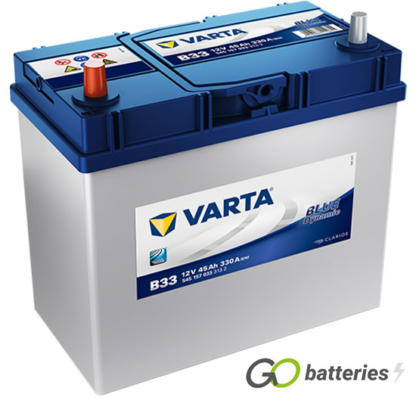 Varta B33 Blue Dynamic Battery 12V 45Ah 330 cold cranking amps, Silver case with a blue top and the positive terminal is on the left hand side with the terminals closest to you. Also has carrying handle. UK 155