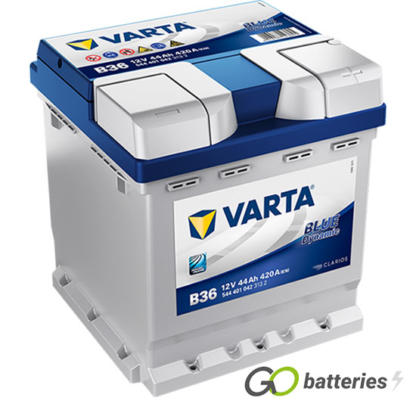Varta B36 Blue Dynamic Battery 12V 44Ah 420 cold cranking amps, Silver case with a blue top and the positive terminal is on the right hand side with the terminals closest to you. Also has carrying handle. UK 002L