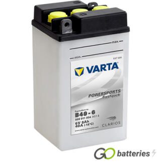 Varta B49-6 Freshpack Motorcycle Battery (008011004). 6 volt 8 amps, 40 cold cranking amps, opaque case with black top, the terminals are bolt through and have a nut and bolt, the terminals are diagonally positioned.