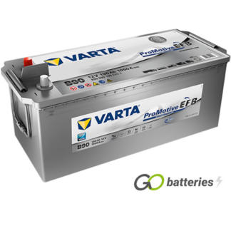 Varta B90 Promotive EFB Super Heavy Duty Battery. 12 volt 180 amps, 1000 cold cranking amps. Silver case and top with carrying handles, terminals are located at one end with the positive terminal on the left hand side with them facing you. UK part number 629EFB.