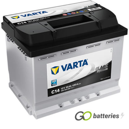 Varta C14 Black Dynamic Battery 12V 56Ah 480 cold cranking amps, Silver case with a black top and the positive terminal is on the right hand side with the terminals closest to you. Also has carrying handle. UK 027