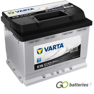 Varta C15 Black Dynamic Battery 12V 56Ah 480 cold cranking amps, Silver case with a black top and the positive terminal is on the left hand side with the terminals closest to you. Also has carrying handle. UK 078