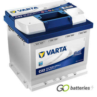 Varta C22 Blue Dynamic Battery 12V 52Ah 470 cold cranking amps, Silver case with a blue top and the positive terminal is on the right hand side with the terminals closest to you. Also has carrying handle. UK 012