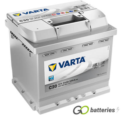 Varta C30 Silver Dynamic Battery 12V 54Ah 530 cold cranking amps, Silver case with the positive terminal on the right hand side with the terminals closest to you. Also has carrying handle. UK 012