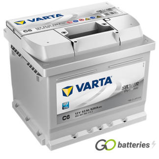 Varta C6 Silver Dynamic Battery 552 401 052. 12 volt 52 amp 520 cold cranking amps, silver case with carrying handle and positive terminal on the right hand side with terminals closest to you. Also known as 063.