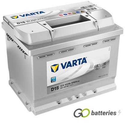 Varta D15 Silver Dynamic Battery 12V 63Ah 610 cold cranking amps, Silver case with the positive terminal on the right hand side with the terminals closest to you. Also has carrying handle. UK 027