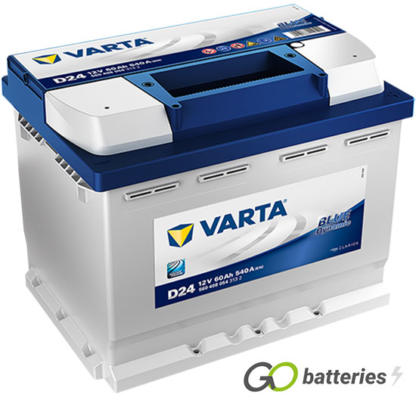 Varta D24 Blue Dynamic Battery 12V 60Ah 540 cold cranking amps, Silver case with a blue top and the positive terminal is on the right hand side with the terminals closest to you. Also has carrying handle. UK 027