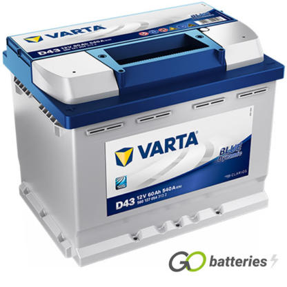 Varta D43 Blue Dynamic Battery 12V 60Ah 540 cold cranking amps, Silver case with a blue top and the positive terminal is on the left hand side with the terminals closest to you. Also has carrying handle. UK 078