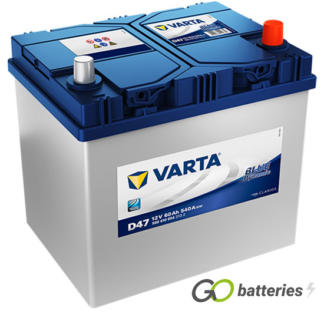 Varta D47 Blue Dynamic Battery 12V 60Ah 540 cold cranking amps, Silver case with a blue top and the positive terminal is on the right hand side with the terminals closest to you. Also has carrying handle. UK 005L
