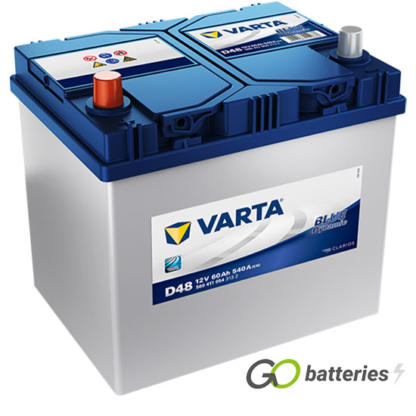 Varta D48 Blue Dynamic Battery 12V 60Ah 540 cold cranking amps, Silver case with a blue top and the positive terminal is on the left hand side with the terminals closest to you. Also has carrying handle. UK 005R