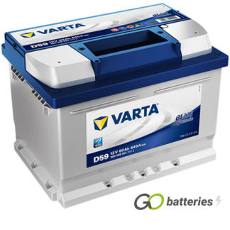 Varta D59 Blue Dynamic Battery 12V 60Ah 540 cold cranking amps, Silver case with a blue top and the positive terminal is on the right hand side with the terminals closest to you. Also has carrying handle. UK 075