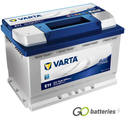 Varta E11 Blue Dynamic Battery 12V 74Ah 680 cold cranking amps, Silver case with a blue top and the positive terminal is on the right hand side with the terminals closest to you. Also has carrying handle. UK 096