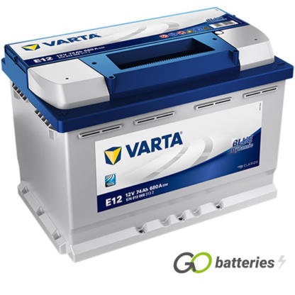 Varta E12 Blue Dynamic Battery 12V 74Ah 680 cold cranking amps, Silver case with a blue top and the positive terminal is on the left hand side with the terminals closest to you. Also has carrying handle. UK 096R