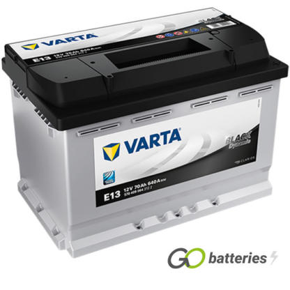 Varta E13 Black Dynamic Battery 12V 70Ah 640 cold cranking amps, Silver case with a black top and the positive terminal is on the right hand side with the terminals closest to you. Also has carrying handle. UK 096