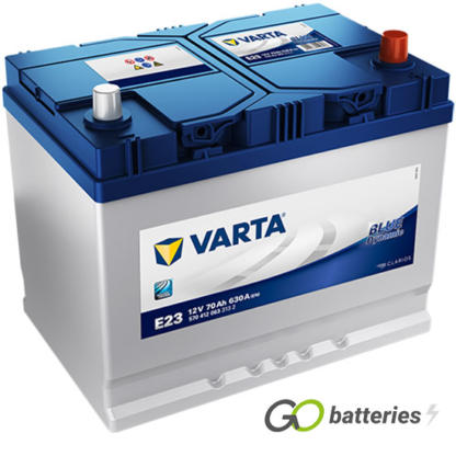 Varta E23 Blue Dynamic Battery 12V 70Ah 630 cold cranking amps, Silver case with a blue top and the positive terminal is on the right hand side with the terminals closest to you. Also has carrying handle. UK 068