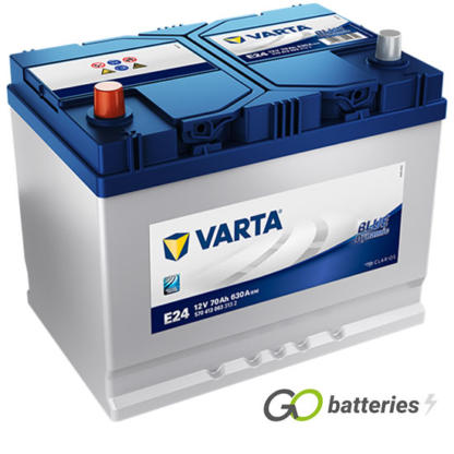 Varta E24 Blue Dynamic Battery 12V 70Ah 630 cold cranking amps, Silver case with a blue top and the positive terminal is on the left hand side with the terminals closest to you. Also has carrying handle. UK 069