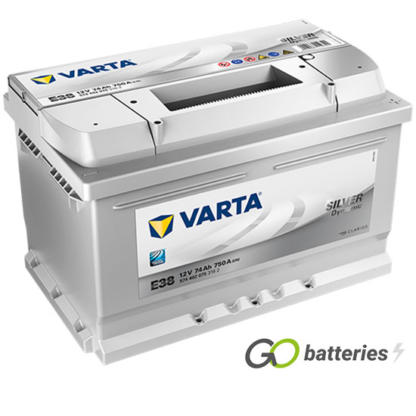 Varta E38 Silver Dynamic Battery 12V 74Ah 750 cold cranking amps, Silver case with the positive terminal on the right hand side with the terminals closest to you. Also has carrying handle. UK 100